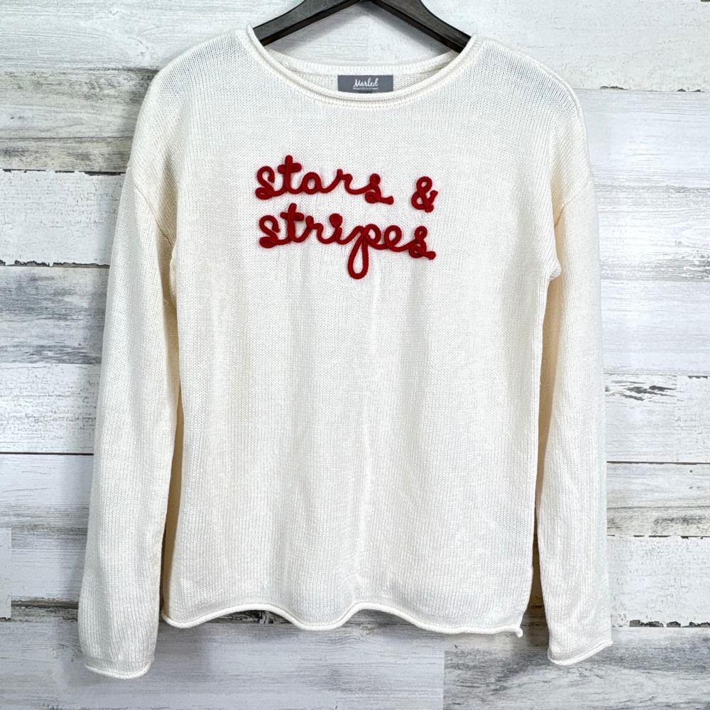 Marled Reunited Clothing Stars Stripes Sweater Cream Crew Neck Long Sleeve‎ Sz M